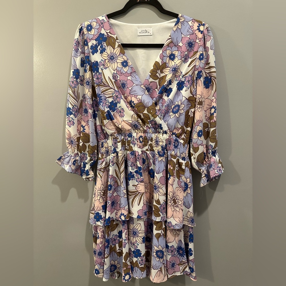 Emily Wonder Ruffle Skirt Floral Dress Size S White Multi - Picture 3 of 6